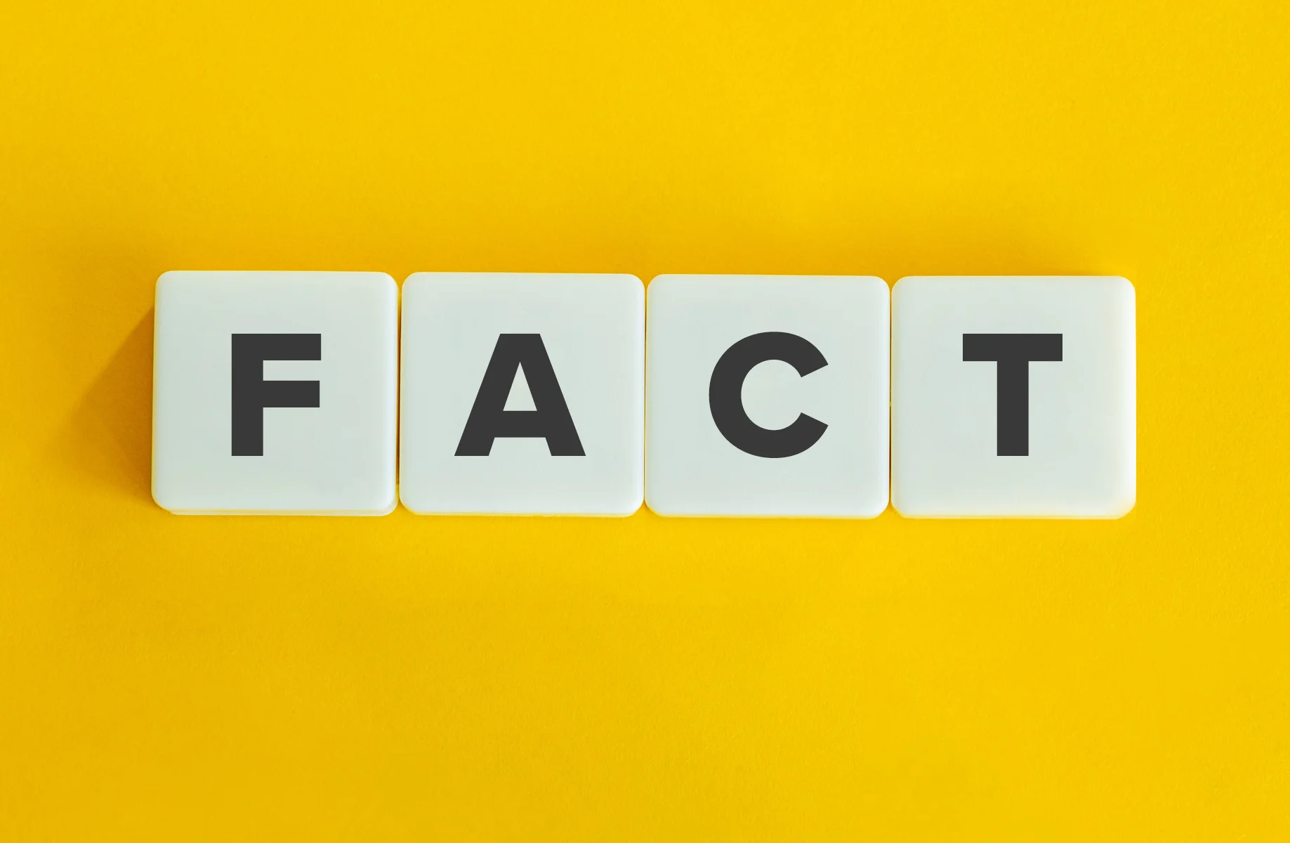 Gros plan sur FACT – représentation des faits et de la vérité Gros plan sur le mot “FACT” écrit sur des tuiles blanches sur fond jaune