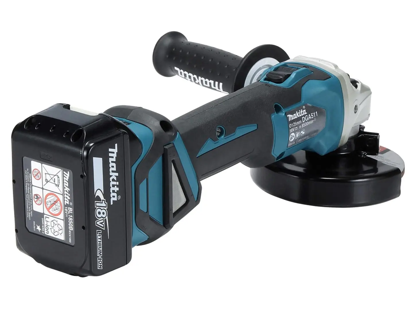 Makita cordless angle grinder DGA511Z with charger and 2 batteries