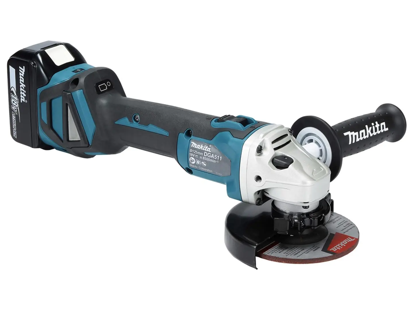 Makita cordless angle grinder DGA511Z with charger and 2 batteries