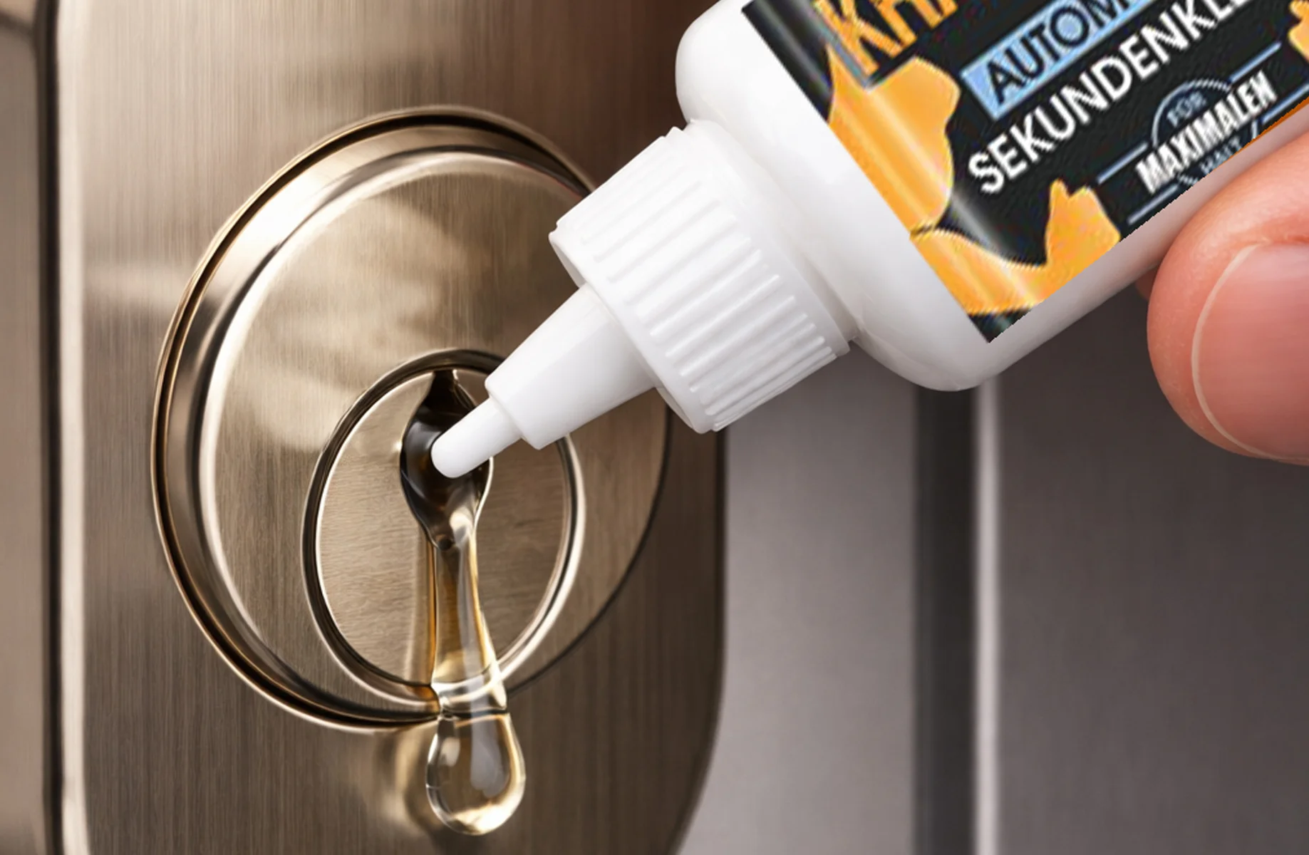 Flüssiger Sekundenkleber wird aus einer Kunststoffflasche in den Schlüsselschlitz eines Metallzylinders getropft.