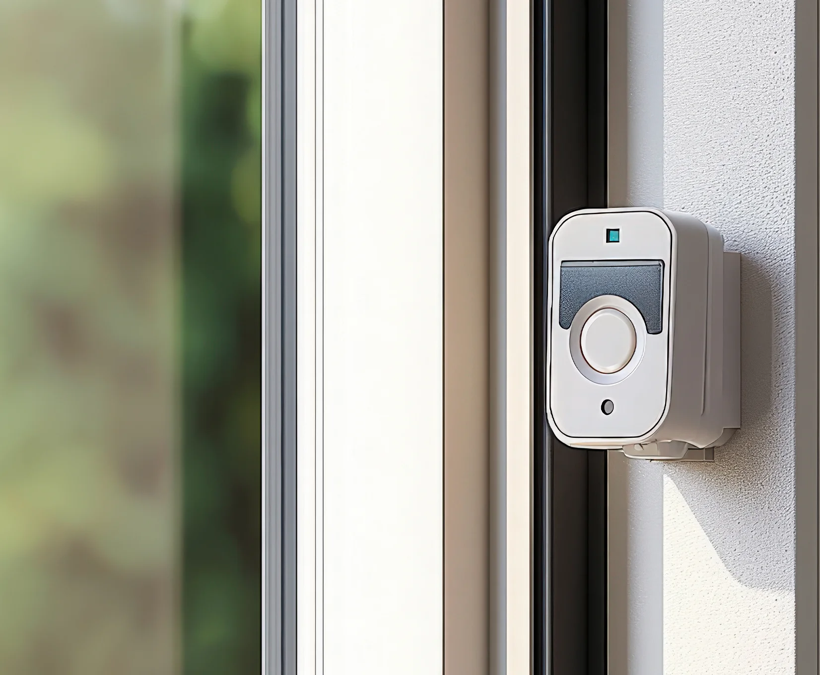 Fenstersensor mit integriertem Alarm – montiert an Rahmen zur Einbruchserkennung