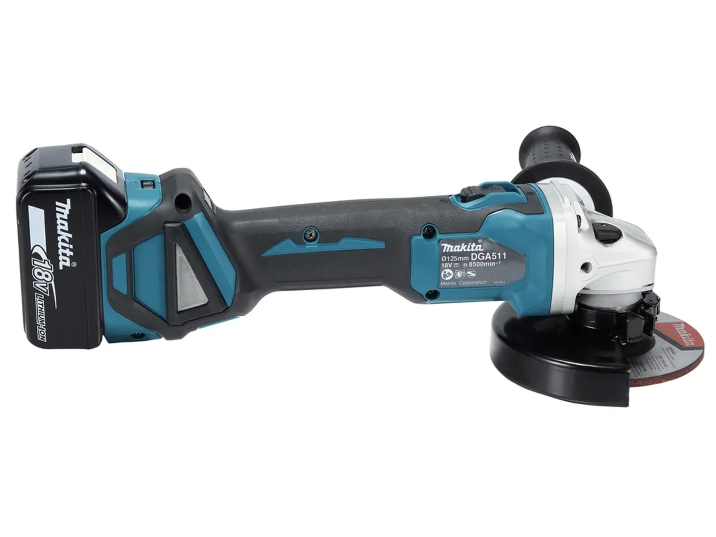 Makita cordless angle grinder DGA511Z with charger and 2 batteries