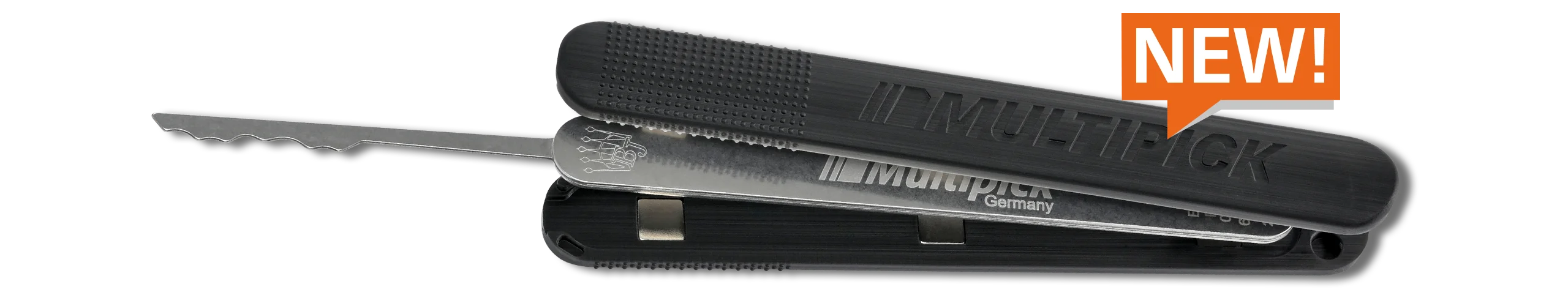 New Multipick ELITE grip shells in black with Secure Touch anti-slip surface, mounted on a stainless steel pick blade